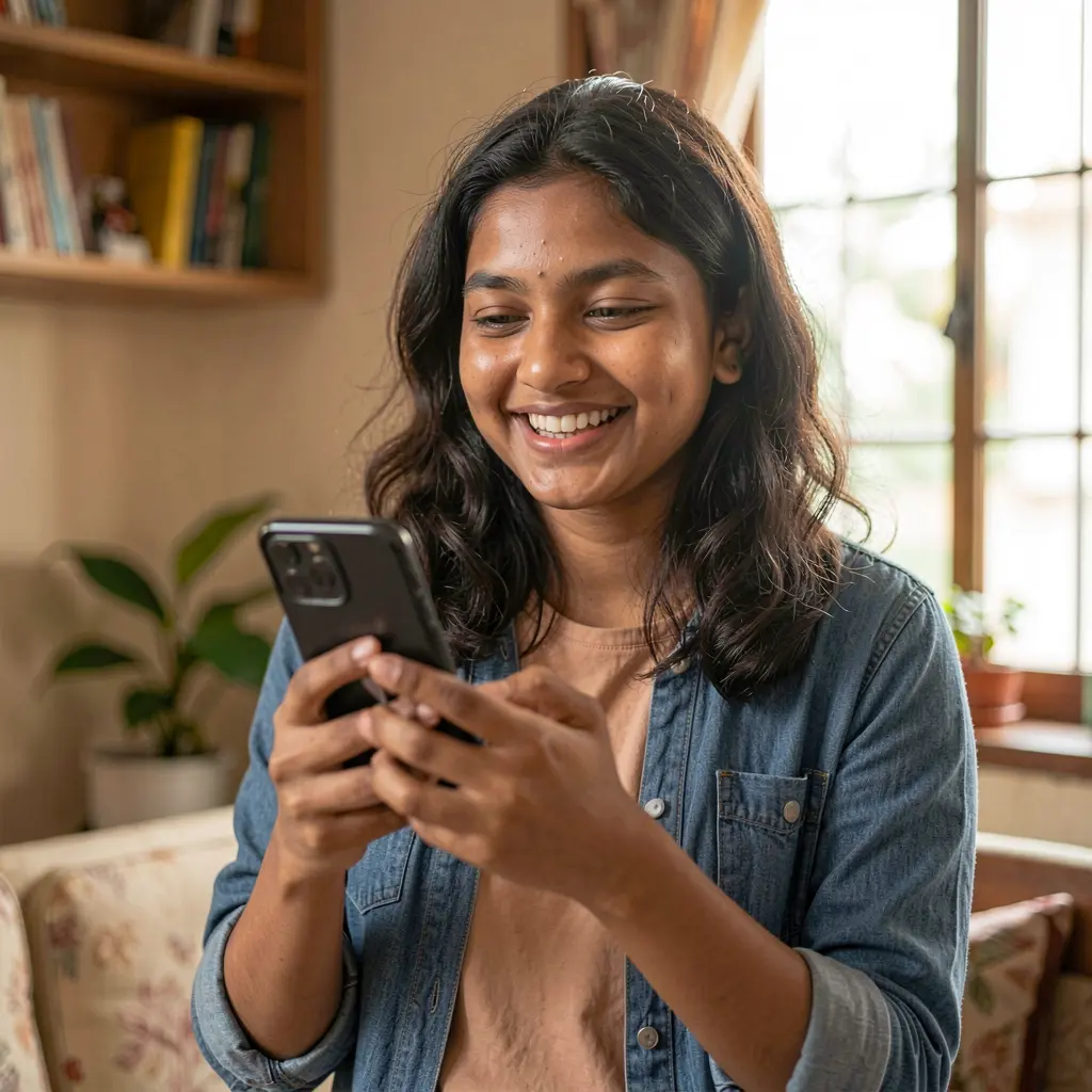 Smiling Bangladeshi woman enjoying mobile gaming with the 9U999 app in a comfortable indoor setting