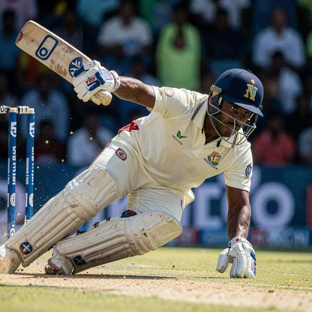 Dynamic shot of a cricket player diving to catch the ball representing high intensity cricket betting moments available on 9U999 in Bangladesh