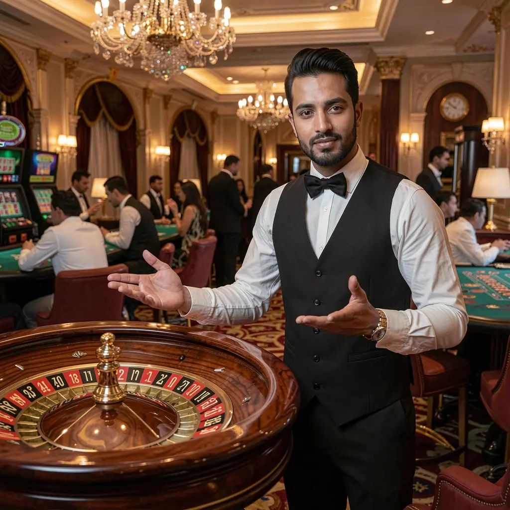 Professional casino dealer beside a modern roulette wheel in a vibrant gaming hall reflecting the immersive live casino environment at 9U999 for Bangladesh players