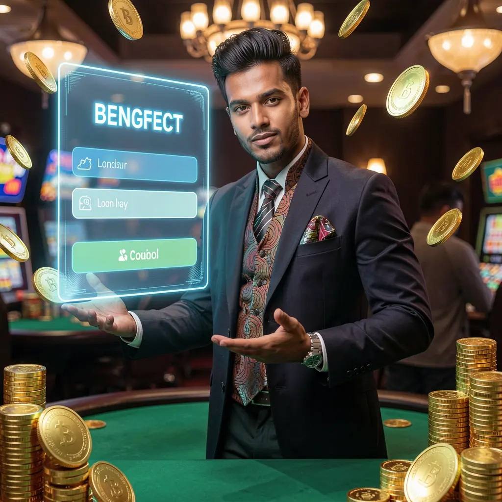 Welcoming casino host surrounded by golden coins and a digital interface highlighting fast and secure login at 9U999 in Bangladesh