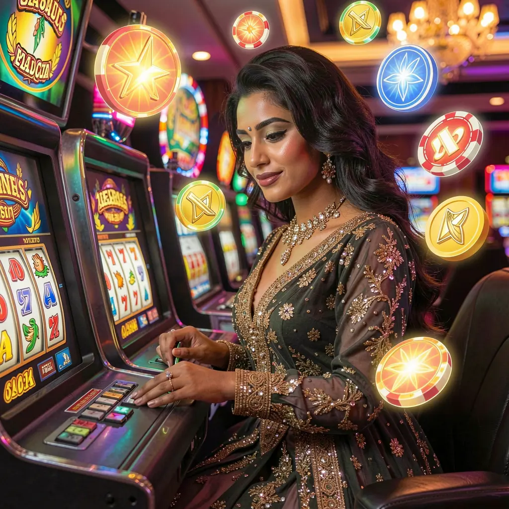 Stylish female player enjoying vibrant slot machines with glowing lights and immersive gameplay at 9U999 online casino in Bangladesh